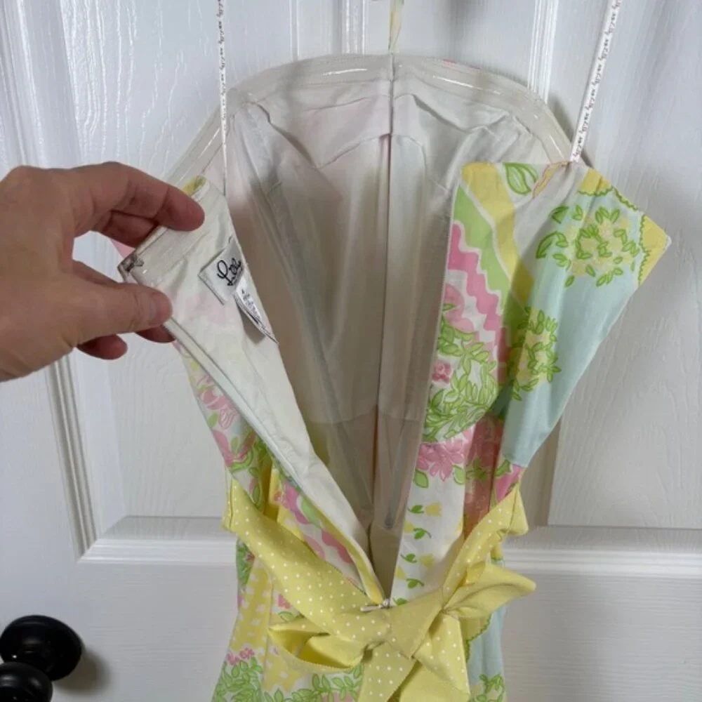Vtg 90s Lilly Pulitzer Halter Dress Size 4 Pink Yellow Patchwork Cotton Preppy - Picture 8 of 9